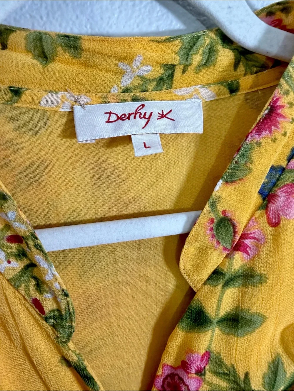 Rene Derhy Dress Yellow Pink Floral Maxi Button Down Flowy Tie Belt Women L - Picture 6 of 8